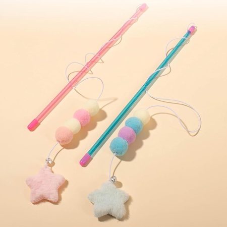 Pink Cat Stick Toy with Elastic Rope, Bite-Resistant Plastic Star Pendant & 3 Pastel Pom-Poms - Comfortable Grip Teaser Wand for Interactive Play, Boredom Relief, All Cat Breeds & Sizes, Cat Toy, Pet Playtime Accessory, Playful Design, Durable Play Wand