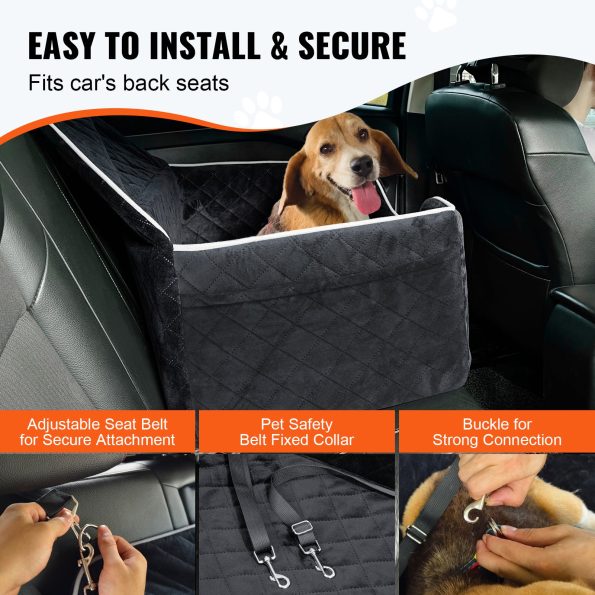 [Deluxe Dog Seat] Deluxe Dog Car Seat | Booster & Bed Combo with Storage Pocket, Safety Leash, and Quilted Design for Medium & Large Dogs Up to 55 lbs, Car Seat for Dogs - Black
