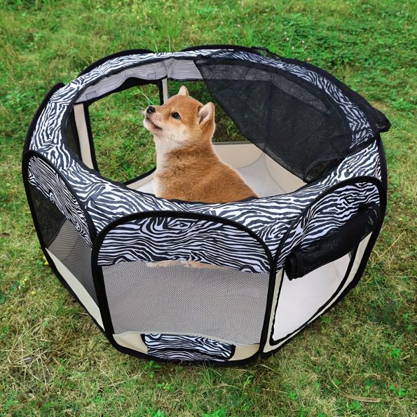 Portable Foldable Pet Playpen for Dogs & Cats - Durable Mesh Ventilation, Zebra Print Design, Spacious Interior with Soft Lining - Indoor Outdoor Travel Camping Puppy Pen, Pet Playpen Foldable