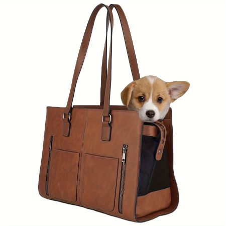 Leather Pet Carrier Tote Bag, Soft-Sided Fashion Handbag for Small Dogs, Puppies, and Cats, TSA Approved Airline-Friendly, Versatile with Multiple Zip Compartments for Travel and Daily Use