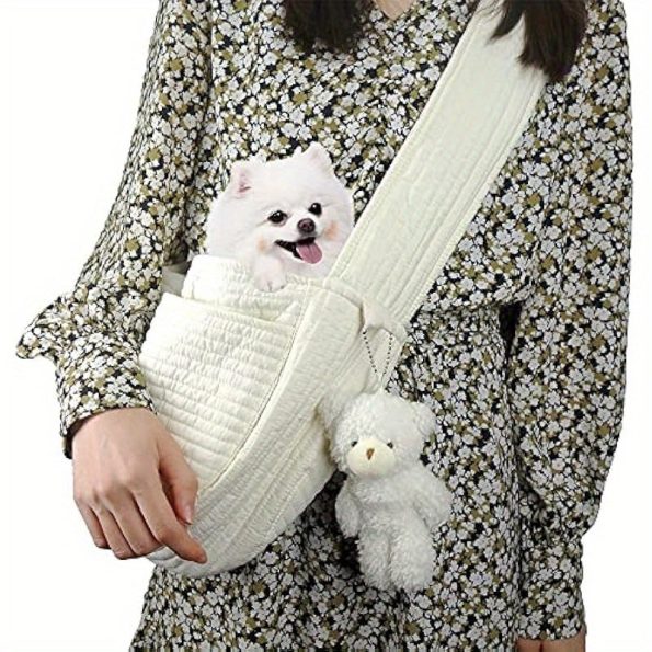 Small Dog Carrier Sling Cat SlingAdjustable Strap Hand Free Pet Puppy for Outdoor Traveling Subway White Canvas